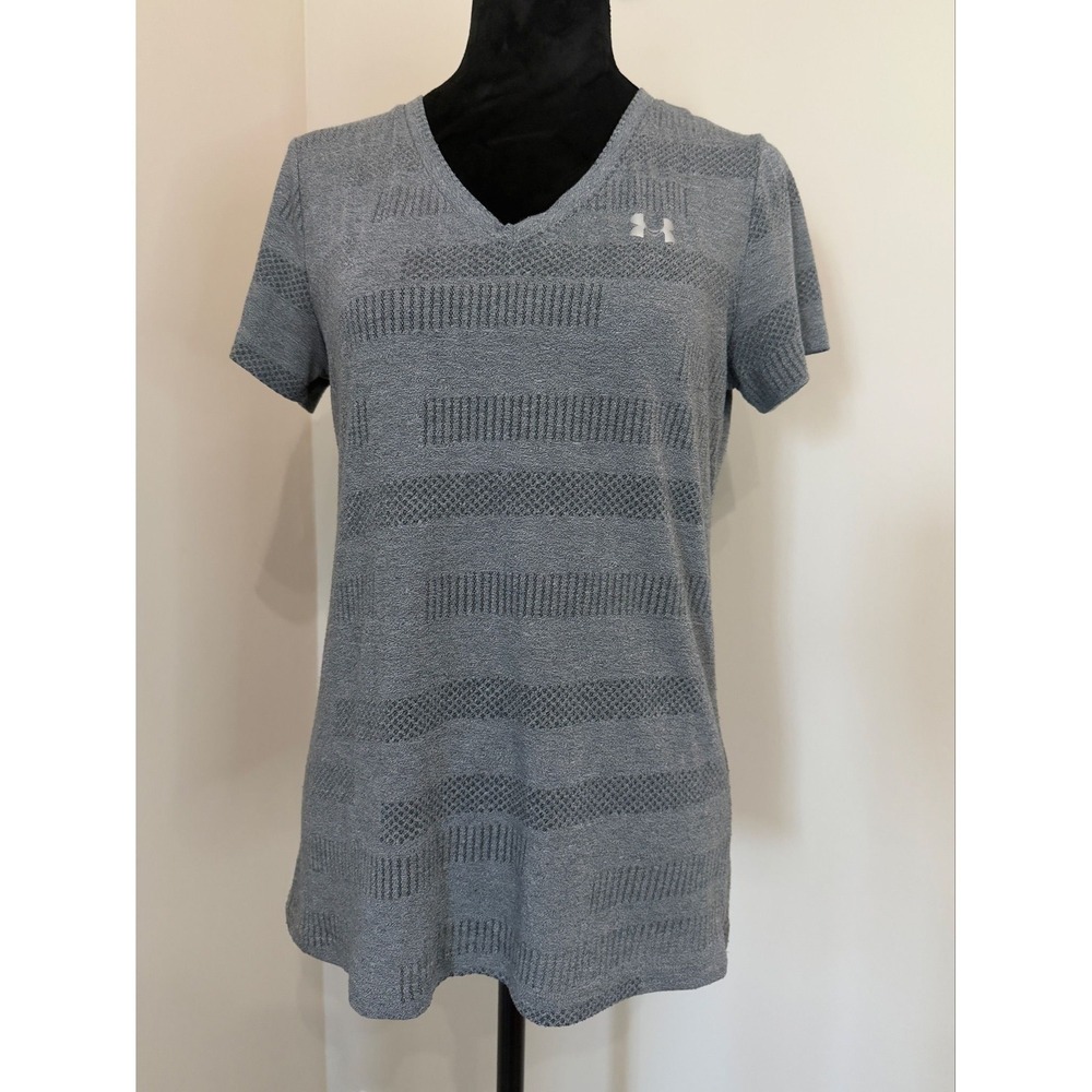 Under Armour HeatGear Womens Small Gray V-Neck Short Sleeve Athletic Shirt Loose